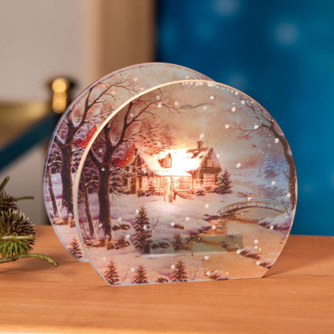 Teelichthalter „Haus Weihnachtsdeko aus Bach”, am Glas